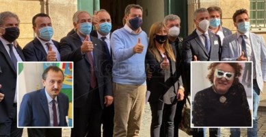 Il recente incontro a Roma dei leghisti calabresi con Salvini. Nei riquadri, Luciano Vigna ed Evelina Catizone