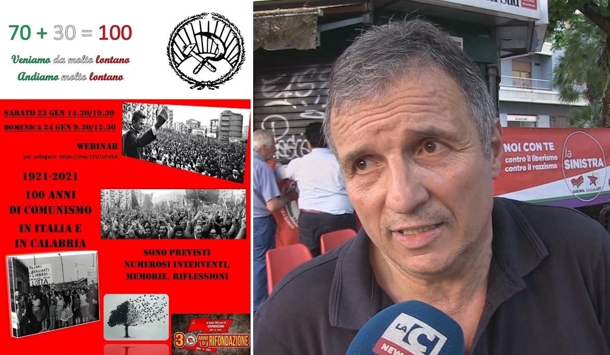La locandina dell’evento e, a sinistra, Pino Scarpelli, segretario regionale di Rifondazione Comunista della Calabria