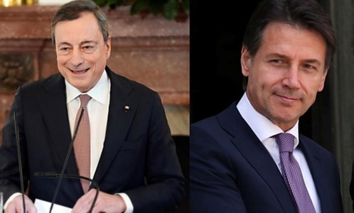 Il premier Draghi (foto ansa) e il leader 5s Conte (foto fb)