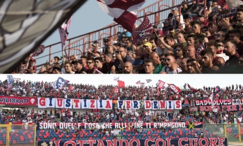 In alto i tifosi della Reggina, mentre in basso una delle curve del Marulla di Cosenza