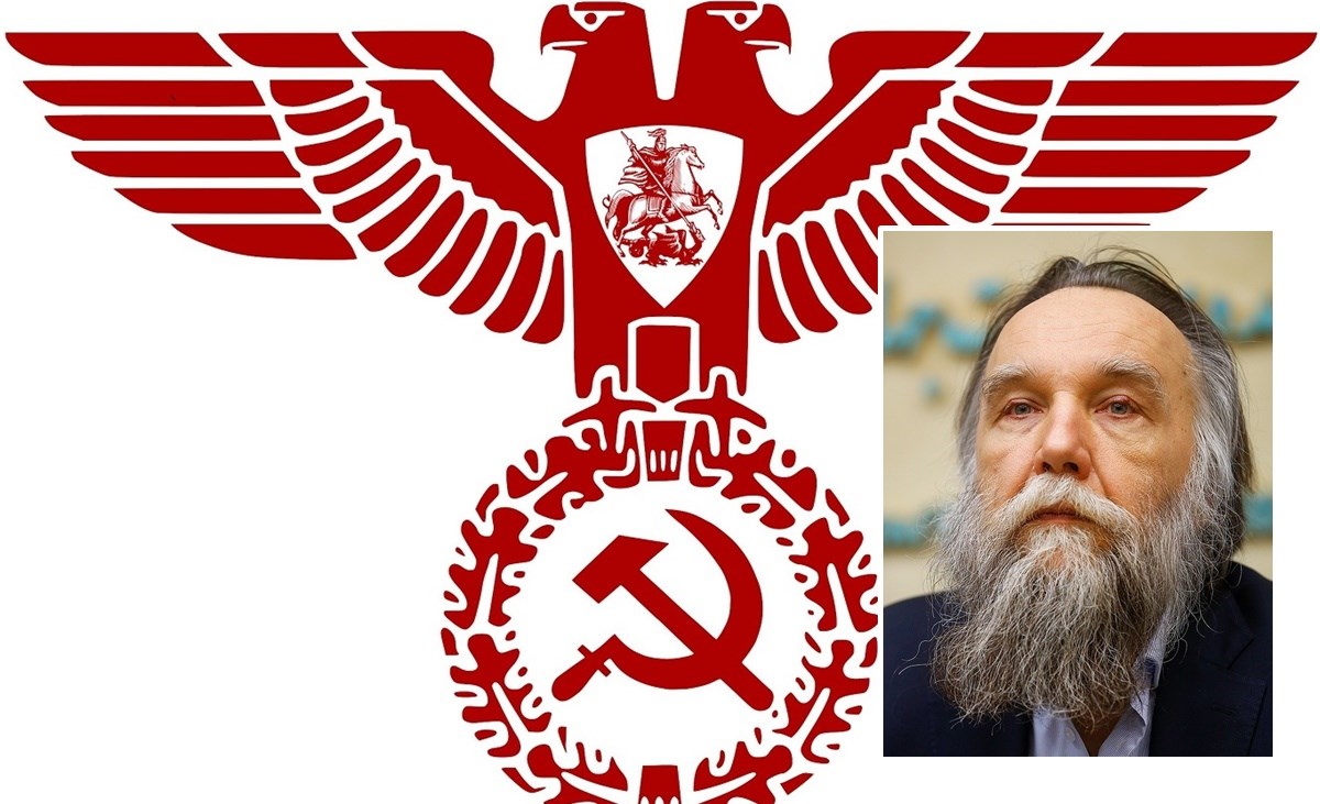 Il simbolo del Partito nazional bolscevico e, nel riquadro, Dugin