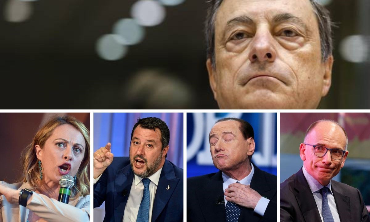 In alto, Draghi. Sotto, Meloni, Salvini, Berlusconi e Letta