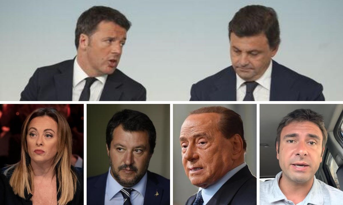 Dall’altro in senso orario: Renzi, Calenda, Di Battista, Berlusconi, Salvini, Meloni