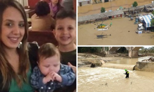A destra Stefania Signore e i suoi bimbi, a sinistra i danni provocati dall’alluvione nelle Marche e a Vibo