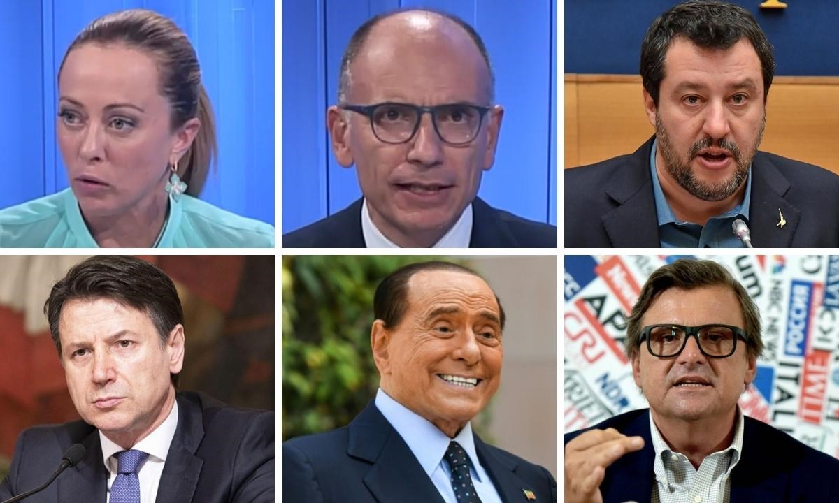 In alto da sinistra Giorgia Meloni, Enrico Letta e Matteo Salvini. In basso da sinistra Giuseppe Conte, Silvio Berlusconi e Carlo Calenda