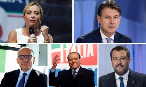 In alto Giorgia Meloni e Giuseppe Conte. In basso da sinistra Enrico Letta, Silvio Berlusconi e Matteo Salvini