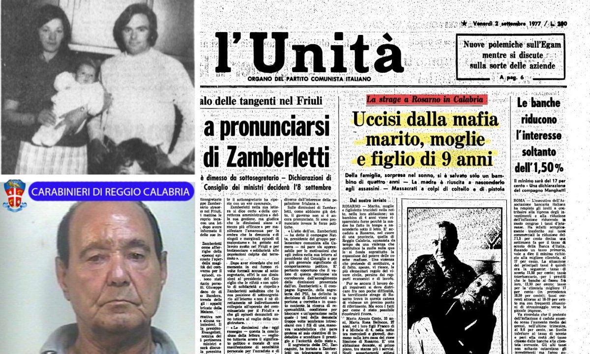 Nel riquadro in alto la famiglia Bellocco sterminata; in quello in basso Umberto Bellocco; a destra la prima pagina dell’Unità