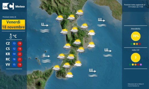 Previsioni meteoMaltempo in Calabria: il 18 novembre ancora piogge abbondanti sul comparto tirrenico
