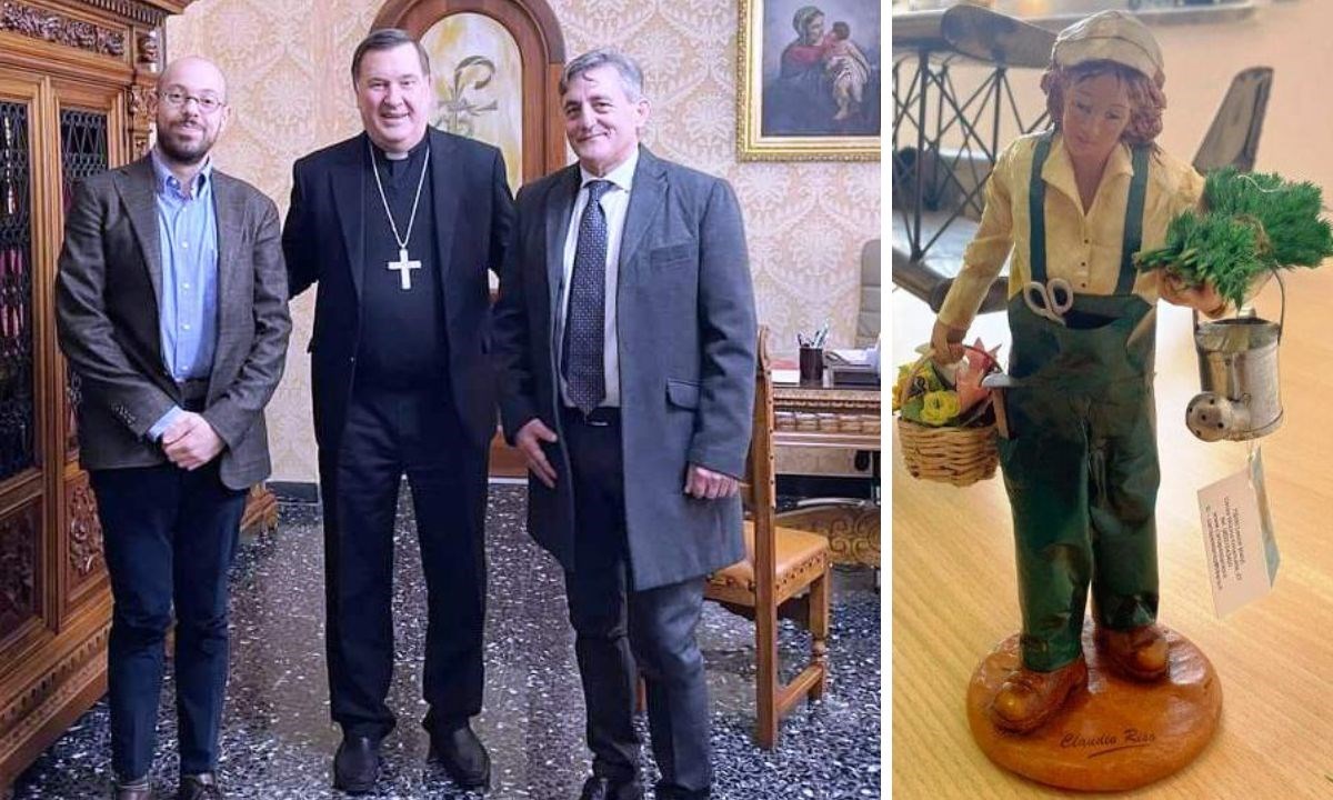 A sinistra la consegna al vescovo Maniago, a destra la statuina