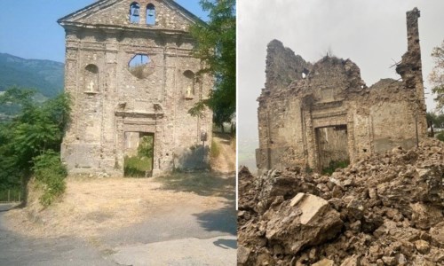 La facciata della chiesa prima e dopo il crollo