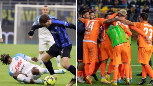 A sinistra uno scatto da Inter-Napoli (foto Ansa), a destra i giocatori del Catanzaro che festeggiano dopo la vittoria a Picerno (foto Us Catanzaro)