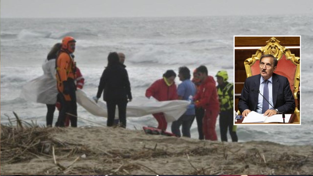 Il recupero di un corpo dal mare, nel riquadro il presidente del Senato La Russa