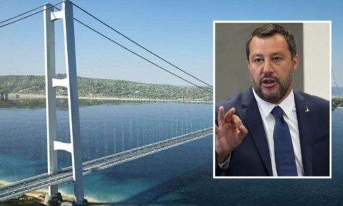 Un rendering del Ponte sullo Stretto e Matteo Salvini