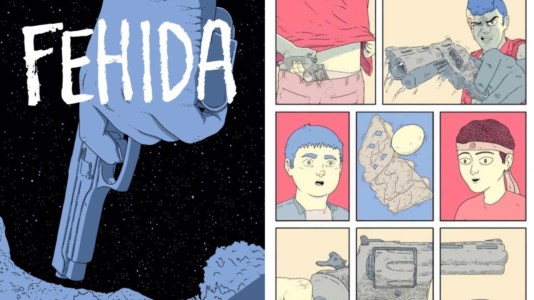 La copertina e una pagina del romanzo Fehida