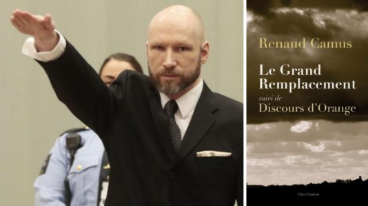 Anders Behring Breivik, autore della strage di Oslo, e la copertina del libro di Renaud Camus