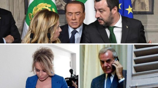 In alto: Silvio Berlusconi, Giorgia Meloni e Matteo Salvini. In basso, Marina Berlusconi e Gianni Letta