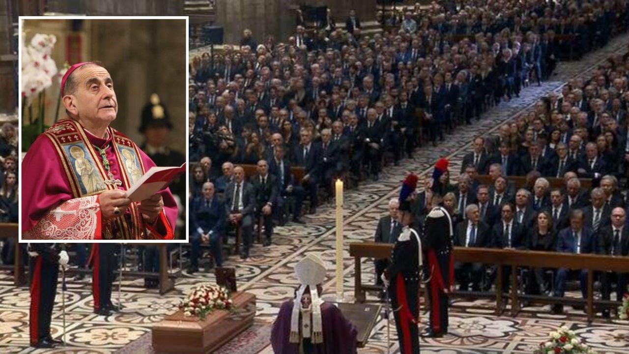 I funerali di Silvio Berlusconi, nel riquadro il vescovo di Milano Mario Delpini
