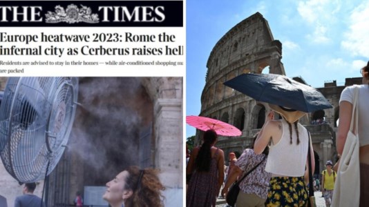 L’articolo del Times e, a destra, turisti davanti al Colosseo (ansa)