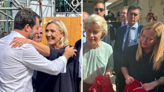 A sinistra Salvini e Le Pen, a Destra Meloni e Von Der Leyen (foto Ansa) 