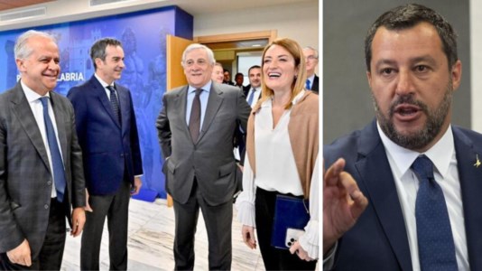 Piantedosi, Occhiuto, Tajani e Metsola oggi in Cittadella; a destra Salvini (foto ansa)