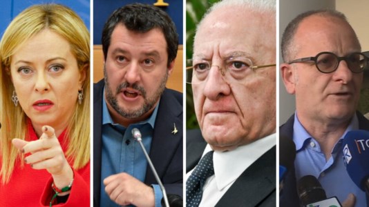 Da sinistra: Meloni, Salvini, De Luca e Bevacqua