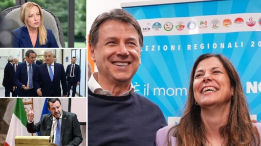 La neo governatrice Todde con Conte (M5s). Al lato, la premier Meloni, il ministro Tajani con il governatore Occhiuto, e il ministro Salvini
