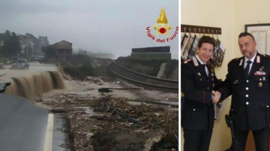 L’alluvione del 2015 nella Locride e, a destra, l’encomio al carabiniere