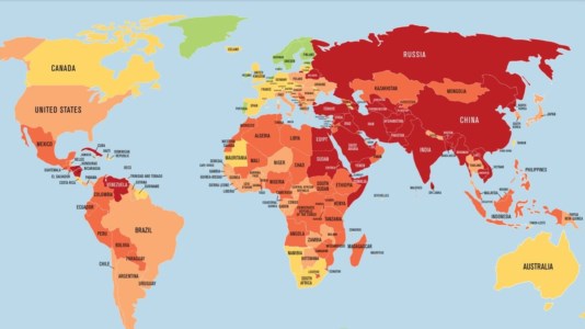 La mappa con i 180 Paesi e le relative colorazioni