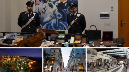 Parte dei beni sequestrati dai carabinieri. Sotto, da sinistra: Savelli, via Monte Napoleone e la stazione di Santa Maria Novella