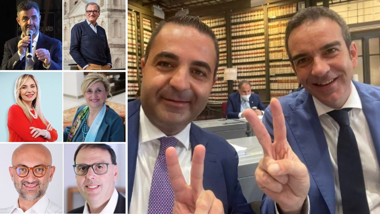 Roberto Occhiuto e Francesco Cannizzaro. A sinistra i candidati impegnati ai ballottaggi a Vibo, Gioia e Montalto