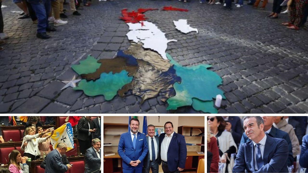Da sinistra: Loizzo espone la bandiera della Calabria alla Camera, Filippo Mancuso tra Salvini e Durigon, il governatore Occhiuto