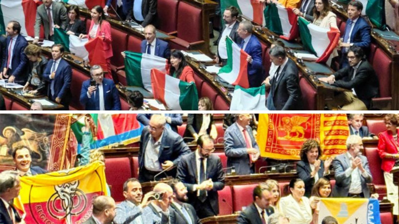 Sopra, i parlamentari di opposizione che protestano per l’approvazione della riforma. Sotto, si esulta dai banchi della Lega