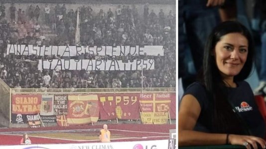 Da sinistra lo striscione esposto in curva Capraro e Ilaria Mirabelli