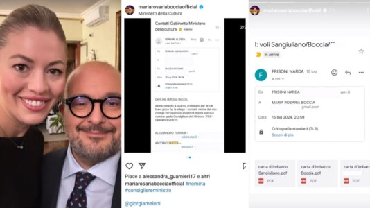 Boccia e Sangiuliano, a destra alcune delle mail pubblicate da lei sui social