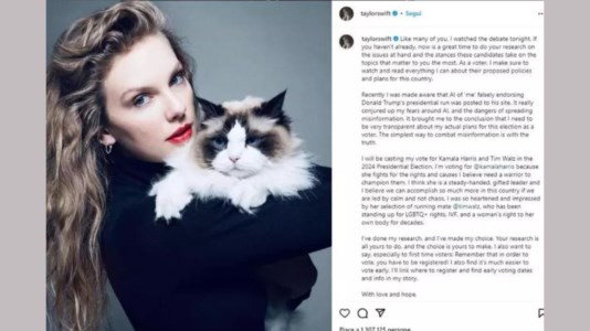 Elezioni UsaLa popstar Taylor Swift da 284 milioni di follower si schiera con Kamala Harris e si firma «gattara senza figli»