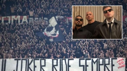 Lo striscione dedicato (secondo la Dda di Catanzaro) a Lucci dalla Curva Sud. Nel riquadro Islam Hagag, Cristiano Rosiello (bodyguard arrestato oggi) e Fedez