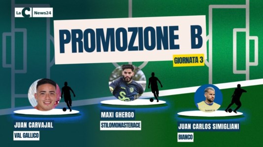 Il podio settimanalePromozione B, Ghergo una doppietta da goleador. Carvajal porta il Val Gallico in vetta, Simigliani trascina il Bianco