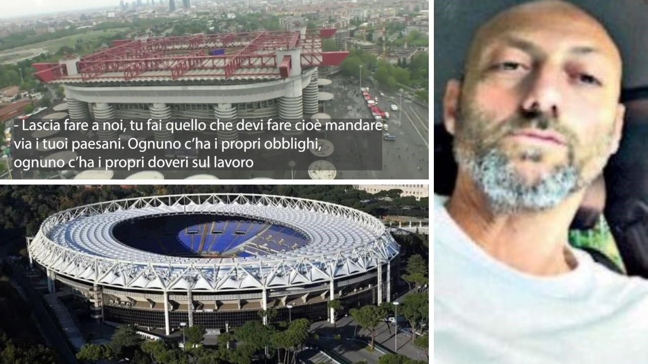 San Siro (sopra) e l’Olimpico. A destra, Giuseppe Caminiti 