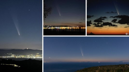 A sinistra, la cometa sullo Stretto. A destra, in alto: scatti da Vibo Marina e Falerna. Sotto un’immagine di Atlas immortalata a Nicotera