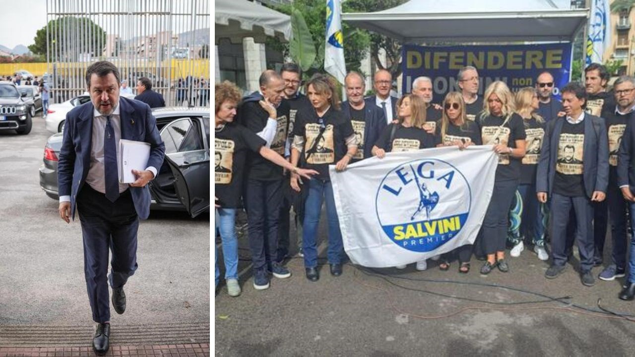 L’ingresso di Salvini in tribunale e la manifestazione della Lega a Palermo