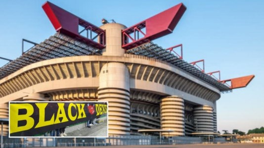 Lo stadio di San Siro e, nel riquadro, lo striscione dei Black Devil, il gruppo di Domenico Vottari