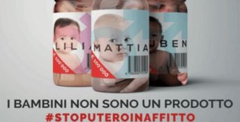 Campagna contro utero in affitto, poster con bambini dentro barattoli